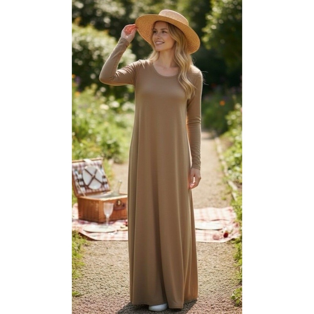 Soft Surroundings NWOT womens tan maxi dress long sleeve Tall XL luxury comfort
